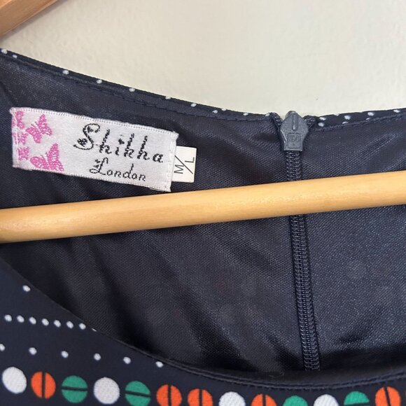 Vintage Navy Blue Polka Dot & Chevron Pattern Dress With Cap Sleeves & Tie Back - Picture 9 of 10